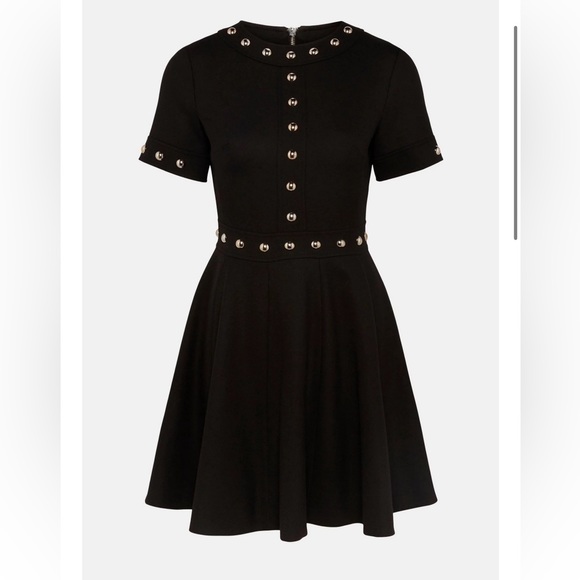 KAREN MILLEN Black Structured Stretch Stud Circular Skirt Dress SIZE 2 - Picture 2 of 4